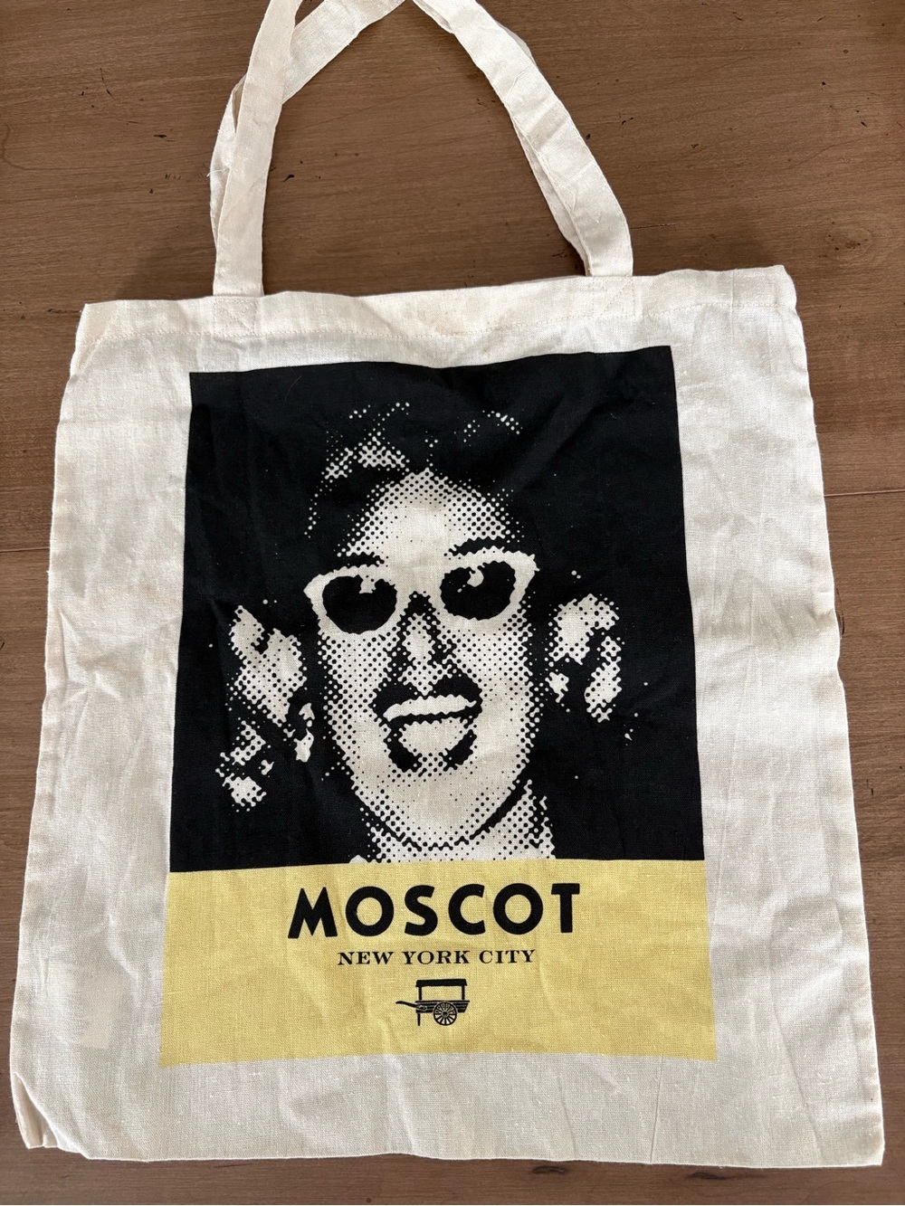 MOSCOT Canvas Tote in White with Black Graphic and Yellow Block